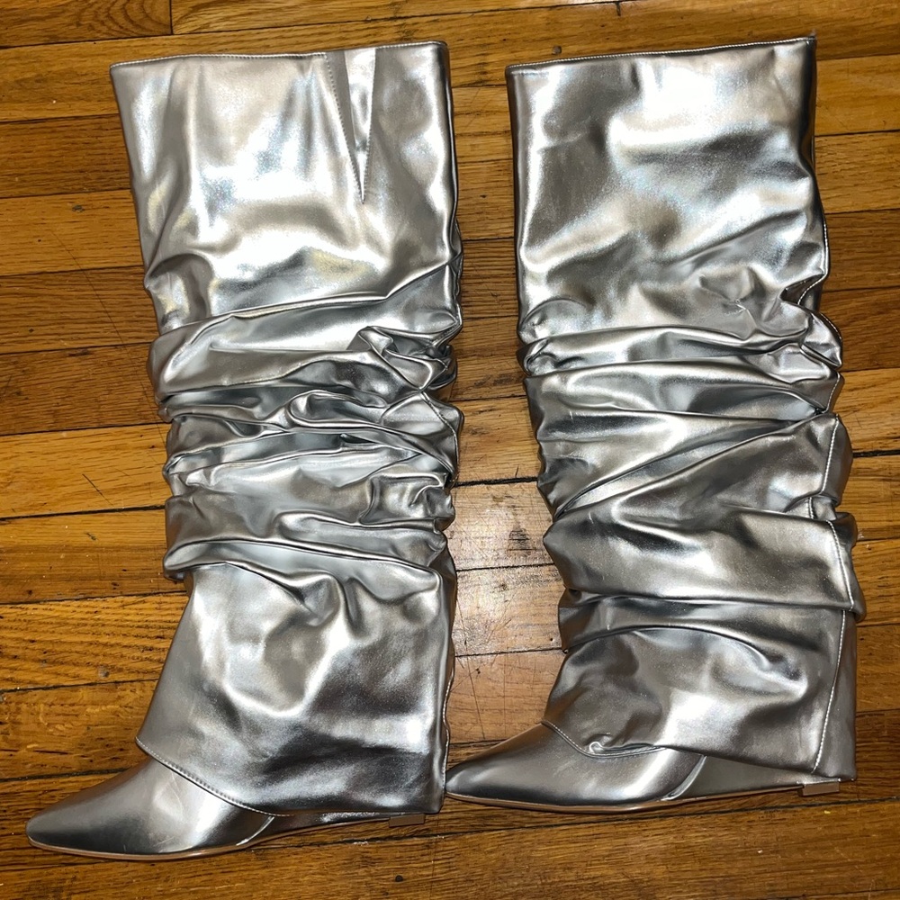 Azalea Wang Elegant Zumma Silver Over the Knee Slouch Boots